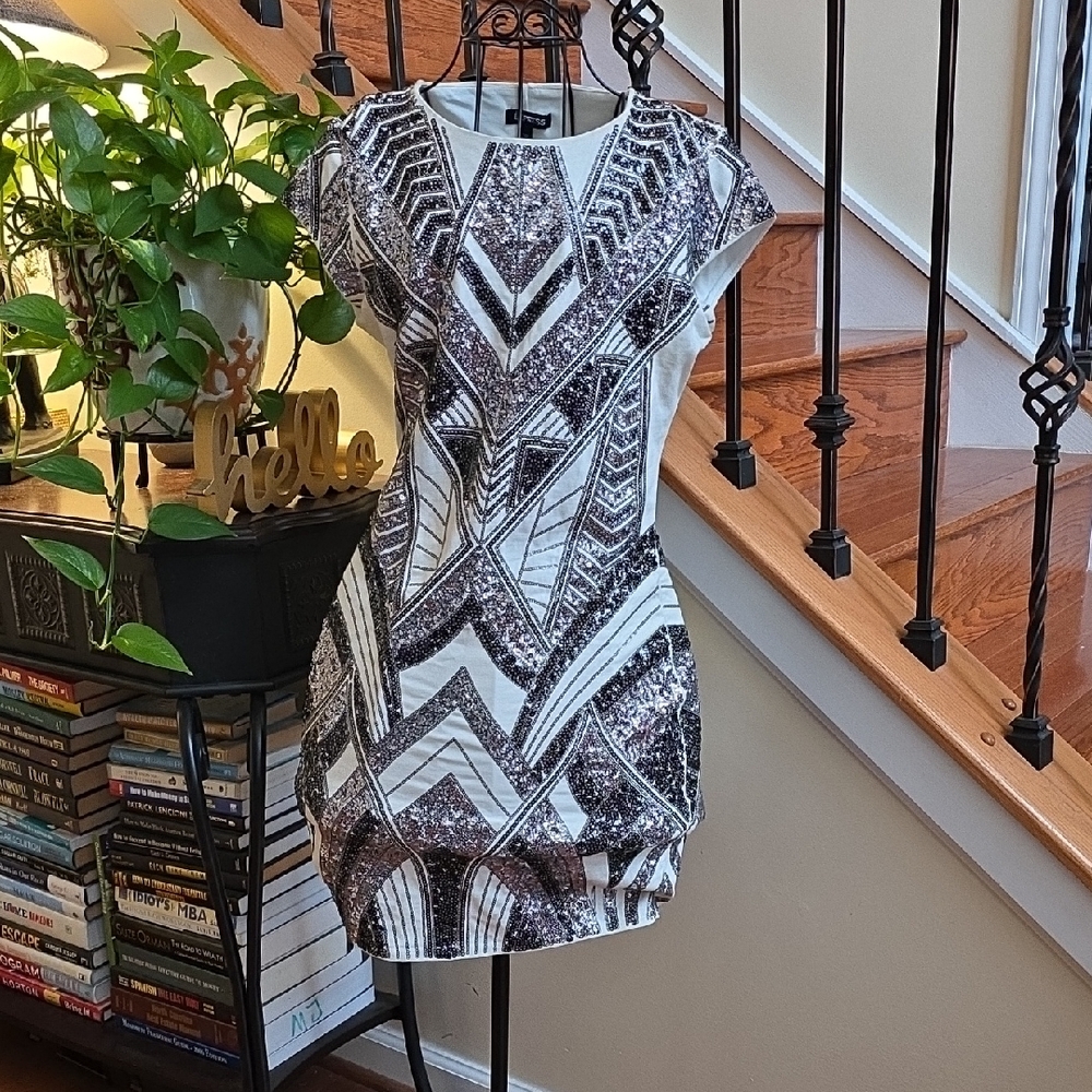 Express Silver and Black Sequin Mini Dress